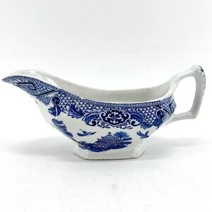 WoodsWare Willow Blue White Ironstone Gravy Boat Sauce Server Wood &Sons England